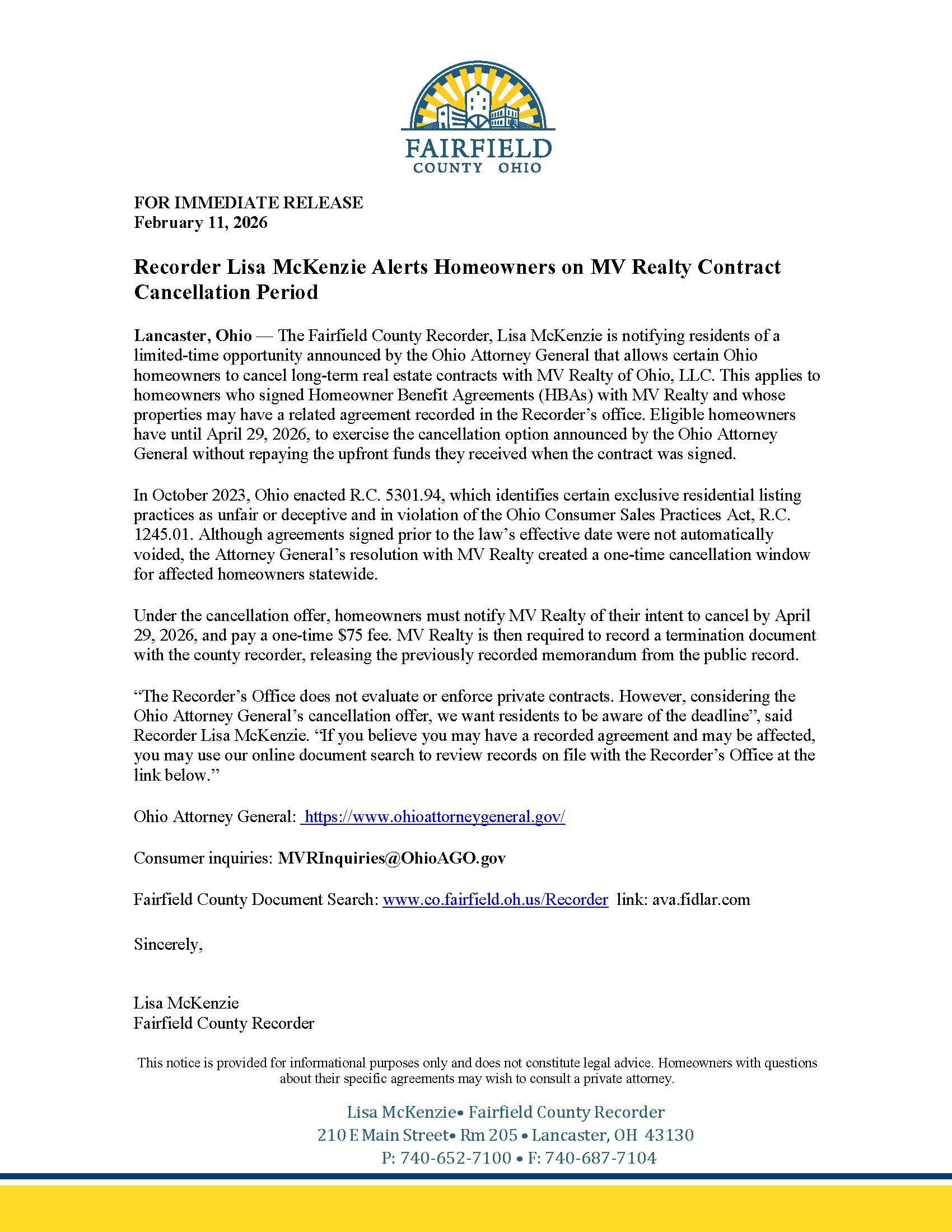 Press Release Cancel MV Agreements